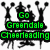Green pixelated text reads 'Go Greendale Cheerleading' over a black silhouette of a cheerleader with raised arms and pom-poms on white background.
