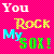 Pixelated static image with four lines of text on a bright pink background, each line in distinct colors and fonts.