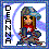 Pixelated character with brown hair and green eyes wearing a blue hat, red scarf with white star, multicolored jacket, and gray pants against white background.