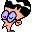 Pixelated cartoon character with black hair, purple eyes, and pink skin running against a gray background.