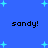 Blue background with light blue plus-shaped stars and four instances of the text 'sandy!' in black pixelated font.