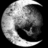 A black-and-white pixelated image of a crescent moon with a skull face, accompanied by text fragments arranged in a -like layout