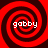 Four identical red and black spiral patterns arranged in a , each containing the text 'gabby' in white pixelated font at the center