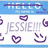 Pixelated icon with blue top bar reading 'HELLO' and white section showing 'JESSIE!!!' surrounded by purple heart and smiley icons on orange background.