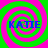 Four identical spiral patterns in green and pink with blue text "KATIE" centered on each, arranged in a
