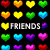 Pixelated heart icons in rainbow colors with 'FRIENDS' text on black background, and six name-tagged heart designs on varied backgrounds.