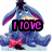 Blue donkey with purple inner ears and pink bow tie, wearing black shoes, with text overlays changing from 'I love' to 'depressed donkeys' across frames.