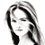 Pixelated grayscale portrait of a person with long dark hair, closed eyes, and a neutral expression against a white background.