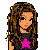 Pixelated character with long brown hair and pink star on black top, standing next to partial figures in jeans and blue dress against white background.
