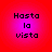 Four identical pixelated text arranged in a on a red background with a pink gradient center, each displaying 'Hasta la vista' in black block letters