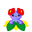 Pixelated character with purple body, red flower-like hair, green leafy wings, and yellow accents on a gray background.