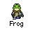 Pixel art frog character with green head, orange eyes, and blue limbs in various poses on gray background.