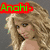 Pixelated image of a woman with long wavy blonde hair, shoulder-baring pose, and multiple colored text labels above her head.