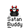 Animated contact sheet of a Satan Buddy icon showing sequential frames with fire effects and character poses against gray background