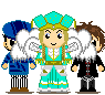 Pixel art characters in traditional-style clothing with wings, showing two distinct facial expressions across frames.