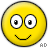 A pixelated yellow smiley face icon with large eyes and a curved mouth next to text reading CURRENT MOOD: HAPPY in blue and yellow block letters on a white background.