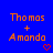 Blue background displays six identical pixelated text blocks reading "Thomas + Amanda" with red heart symbols, arranged in a pattern