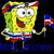 Pixelated yellow cartoon character with square pants holding a small flag, standing against black background with blue text below.