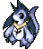Pixelated creature with blue-gray body, white chest, and yellow collar in four distinct poses against gray background.