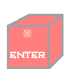 Pixel art animation of a pink box with cherry-topped bear peeking out from open lid, shown in three sequential frames on gray background.