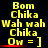 Yellow pixelated text on black background with red underline beneath 'Ow = ]' in two of identical text blocks