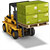 Pixelated image of a yellow and green forklift with black wheels on white background.