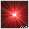Red radial burst pattern with white center and black border, text 'LOUIS' in pixelated font at bottom right.