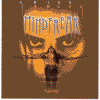 Pixelated brown background with orange skull face and dripping 'MINDFREAK' text above, two small figures below the mouth.