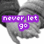 Pixelated grayscale image of a dog's face with purple text boxes containing white lowercase letters spelling 'never let go' overlaid on the center.