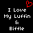 Black background with white pixelated text reading "I Love My Luffin & Biffle" and a red heart symbol above the left side of the text.
