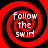 Four identical red and black spiral patterns arranged in a , each containing white text reading 'follow the swirl' with slight variations in pixel clarity