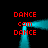 Red text "DANCE" and "com" arranged around a cyan pixelated frame on black background, with animated cyan light pulses.
