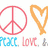 Red cartoon character with orange nose and blue shirt raises arms beside orange heart symbol and red peace sign with 'PEACE LOVE' text below.