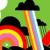 Pixelated rainbow arcs with black cloud tops against a green background, featuring vertical and curved color bands in red, yellow, pink, orange, blue, white.