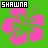 Two side-by-side pixel art images of a hibiscus flower with inverted color schemes, each featuring the text 'SHAWNA' in white block letters on black bars at the top.