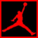 Red silhouette of a basketball player in mid-air jump shot pose on black background with red border, next to text "Just Like MJ" in pixelated font.