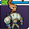 Pixel art character with brown hair and armor stands against purple background; same character appears in alternate pose on brown background.
