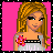 Pixel art contact sheet showing three frames of an animated buddy icon with pink background, featuring a cartoon woman and text elements.