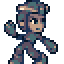 Pixel art character in military-style camouflage uniform performing walking animation with shield and weapon props.
