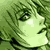 Pixelated green-toned image of a character with closed eyes and light-colored hair against a leafy background.