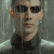 six identical pixelated faces with dark sunglasses, gray collars, and light shoulder pads against a muted background