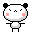 Pixel art panda with black ears, pink cheeks, and a small nose; left view shows squinted eyes while right view has closed eyes.