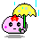 A 3x3 contact sheet of an animated pixel art icon showing a pink mushroom-like character with a yellow umbrella in various expressions and poses against a gray background.