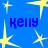 Blue background with yellow starbursts and blue text reading 'kelly' in three positions, partially obscured by a gray rectangle.