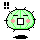 Pixelated green circular character with closed eyes, pink cheeks, and a white square mouth on gray background.