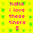 Yellow background with green pixelated pattern, pink text reading "haha i love these tiners" and orange rectangular shape below text.