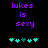 Purple pixelated text 'lukes is sexy' on black background with cyan and teal heart symbols below, two variations of symbol arrangement.