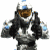 A pixelated image of a character in silver armor with blue accents and brown faceplate, standing against white background with text below.