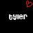 Red pixelated heart symbol above two identical white text 'byler' on black background.