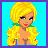 Pixelated character with blonde hair and green earrings, wearing blue crop top and light blue thigh-high boots, holding a blue handbag against a cyan background.